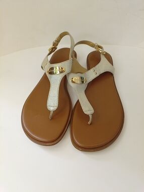 MICHAEL Michael Kors Metallic Gold Brown T-Strap Leather Sandals Women Size 11M